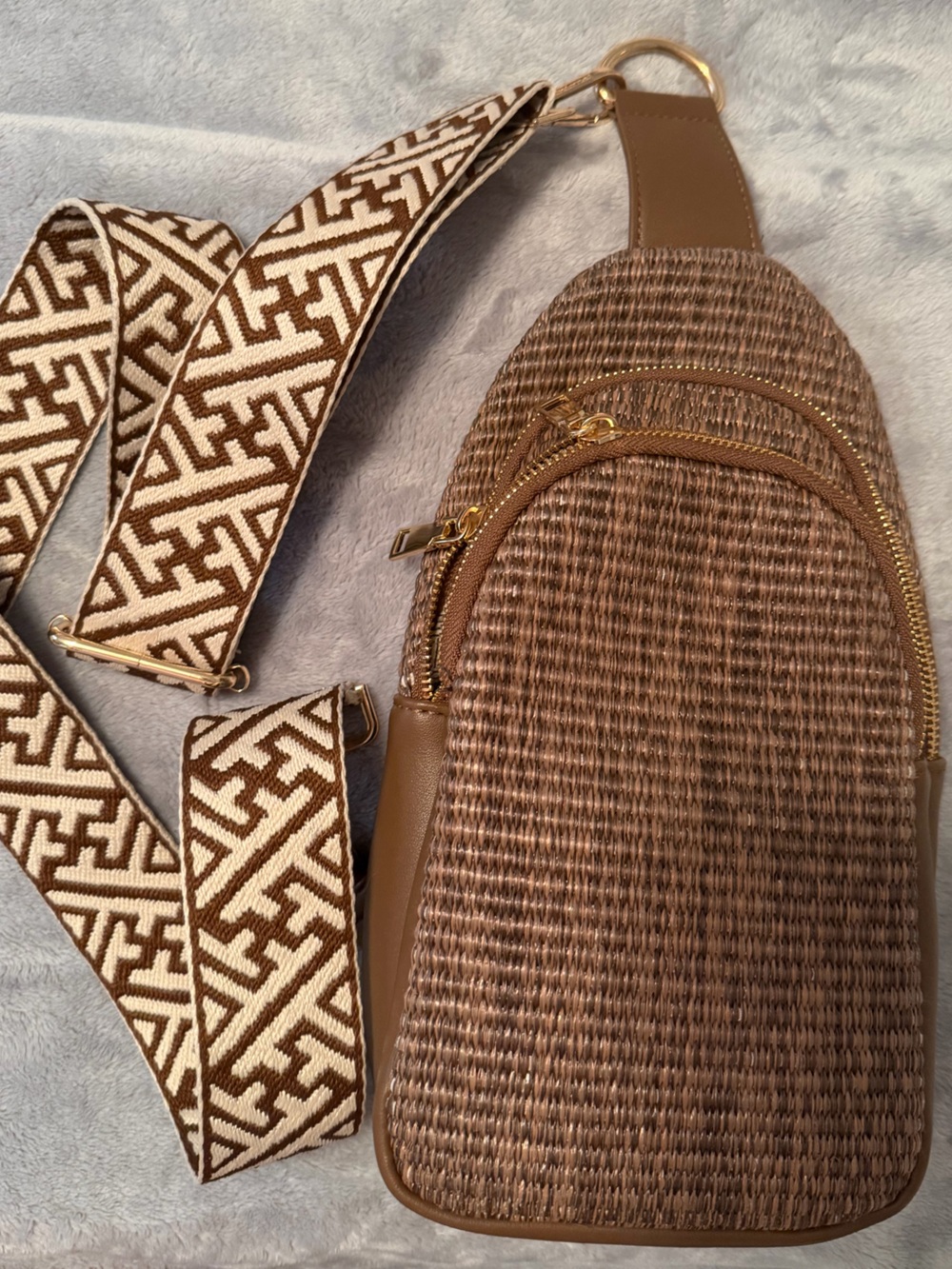 Brown Woven Crossbody Sling Bag with Patterned Strap